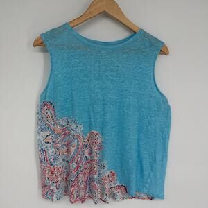 J. Jill Love Linen Tank Top Costal Blue Paisley Print Medium Oversized Classic